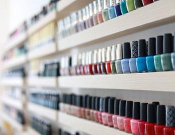 wall of nail polish options in a salon